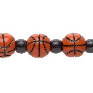 Bead, acrylic, black and orange, 7x7.5mm crow and 11mm basketball. Sold per 8-inch strand.