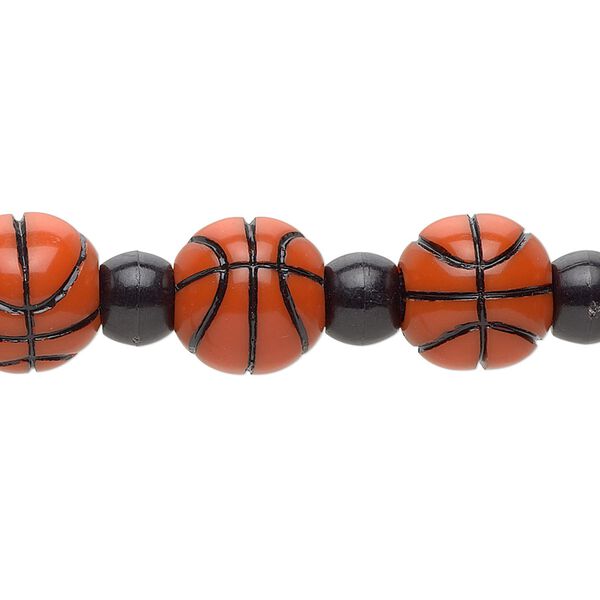 Bead, acrylic, black and orange, 7x7.5mm crow and 11mm basketball. Sold per 8-inch strand. image number 0