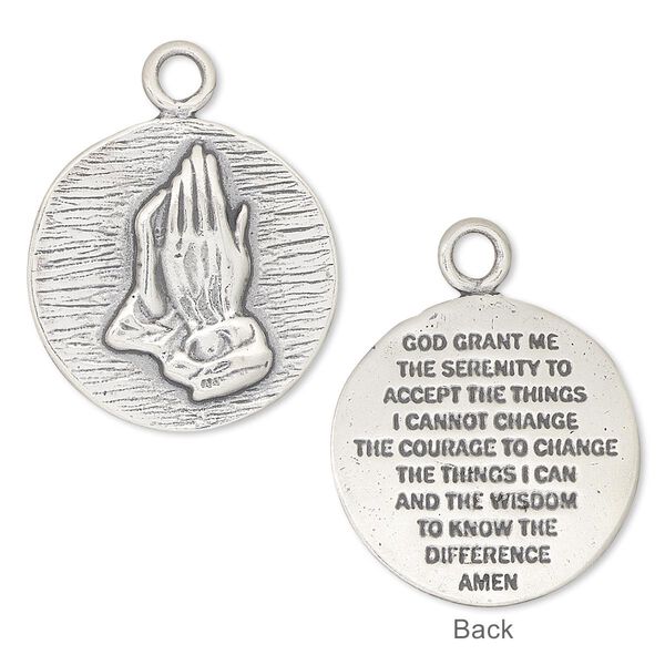 Drop, antiqued sterling silver, 22mm two-sided round with praying hands and serenity prayer. Sold Individually. image number 0