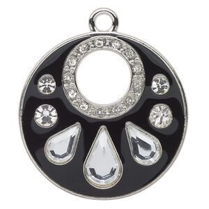 Focal, enamel / acrylic / glass rhinestone / silver-finished "pewter" (zinc-based alloy), clear and black, 39mm round go-go. Sold individually.