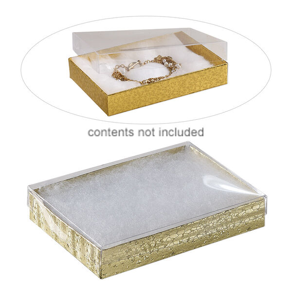 Box, plastic and paper, "cotton"-filled, gold and clear, 5-3/8 x 3-7/8 x 1-inch rectangle. Sold per pkg of 10. image number 0