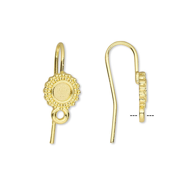 Ear wire, gold-finished brass, 16mm fishhook with 4mm beaded round glue-in setting and closed loop, 18 gauge. Sold per pkg of 5 pairs. image number 0