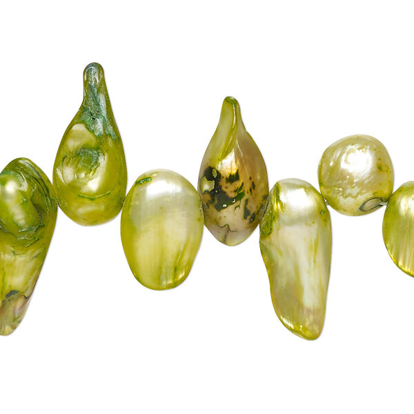 Bead, blister pearl shell (dyed), pear green, 6mm-20x9mm top-drilled baroque with 0.4-0.6mm hole, Mohs hardness 2-1/2 to 4. Sold per 15-inch strand. image number 0