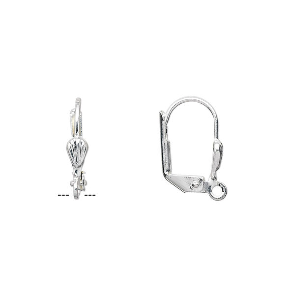 Ear wire, silver-plated brass, 15mm leverback with shell and open loop. Sold per pkg of 5 pairs. image number 0