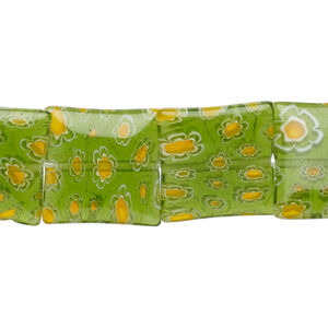 Bead, millefiori glass, translucent green / golden yellow / white, 16mnm puffed square with flower design. Sold per 14-inch strand.