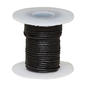 Cord, leather (dyed), black, 0.5-0.8mm round. Sold per 5-yard spool.