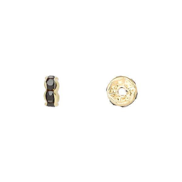 Bead, glass rhinestone and gold-finished brass, black, 7x3.5mm rondelle. Sold per pkg of 10. image number 0
