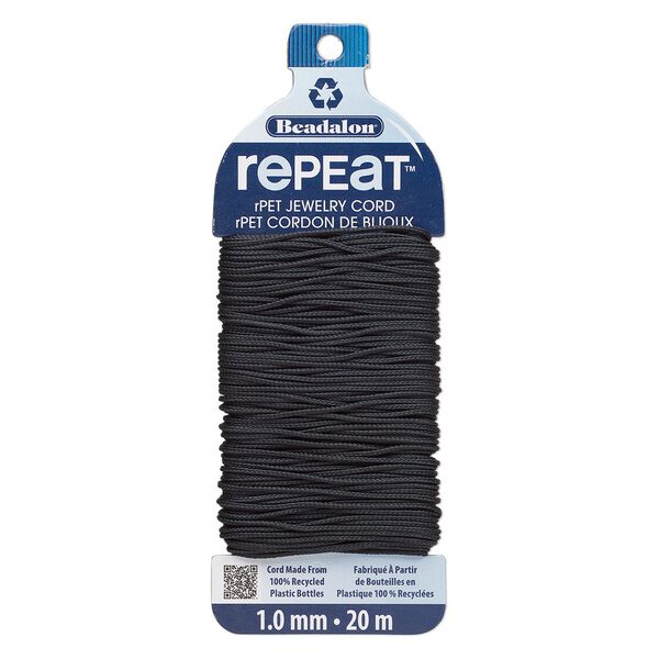 Cord, Beadalon® RePEaT™, recycled polyethylene, black, 1mm, 100-pound test. Sold per 20-meter card. image number 0