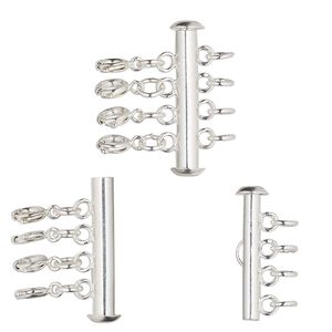 Clasp slide lock 1pkg1, 26.5x6mm round tube / 5mm jumpring / springring, silver-finished brass 4-strand