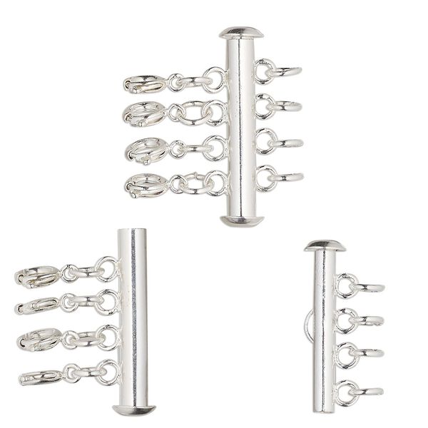 Clasp, 4-strand slide lock, silver-finished brass, 26.5x6mm round tube with 4 springring clasps and (4) 5mm open jump rings. Sold individually. image number 0