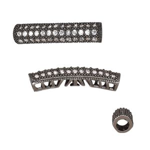 Bead, cubic zirconia and black-finished brass, clear, 27x7.5mm textured curved tube with cutout design. Sold individually.