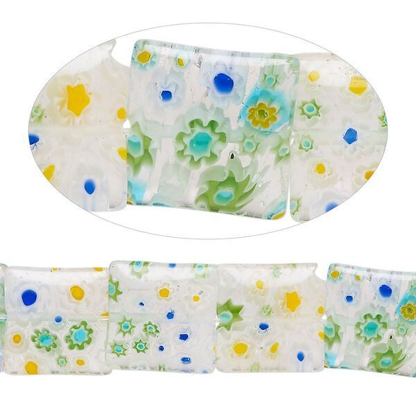 Bead, millefiori glass, transparent multicolored, 18mm puffed square with 0.6-0.8mm hole. Sold per 15-inch strand. image number 0