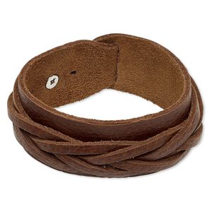 Bracelet, leather (dyed) and silver-plated "pewter" (zinc-based alloy), brown, 36mm wide with woven design, adjustable from 7-8 inches with rivet clasp. Sold individually.