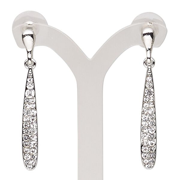 Earring, glass rhinestone / stainless steel / imitation rhodium plated "pewter" (zinc-based alloy), clear, 44mm with teardrop and post. Sold per pair. image number 0