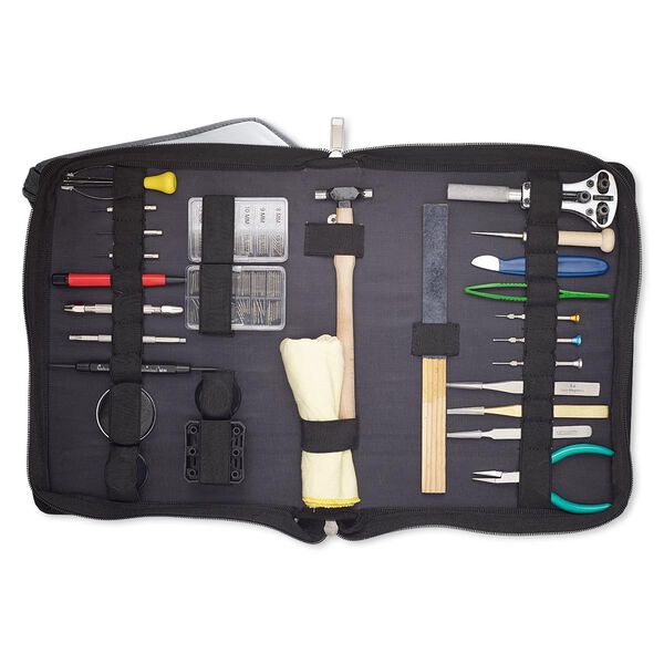 Watch repair, steel / stainless steel / wood / brass / plastic / rubber / glass / leatherette / cotton, 12x9-1/4 case with zipper. Sold per 28-piece set. image number 0