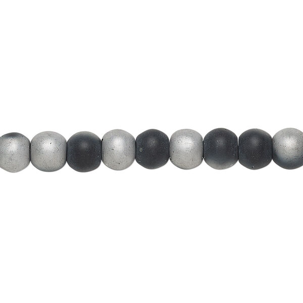 Bead, coated glass, two-tone matte black and silver, 5-6mm round. Sold per 15-inch strand. image number 0