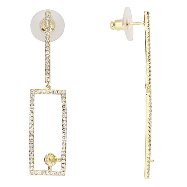 Earstud, cubic zirconia / gold-finished brass / plastic, clear, 57x13mm with open rectangle and 4mm cup with 2mm peg, fits 4-6mm half-drilled bead. Sold per pair. image number 0