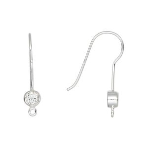 Ear wire fishhook 1pkg2 sterling silver / cubic zirconia, 25mm / closed loop, 20 gauge clear 1 pair