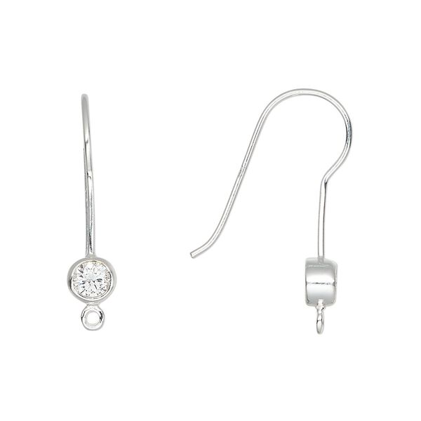 Ear wire fishhook 1pkg2 sterling silver / cubic zirconia, 25mm / closed loop, 20 gauge clear 1 pair image number 0