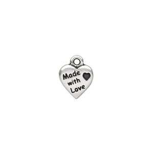Charm, TierraCast®, antique silver-plated pewter (tin-based alloy), 10mm double-sided heart with "Made with Love." Sold per pkg of 20.