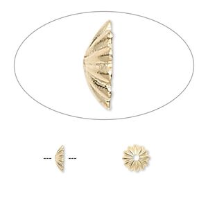 Bead cap, gold-plated brass, 6x1.5mm ribbed round, fits 6-8mm bead. Sold per pkg of 100.