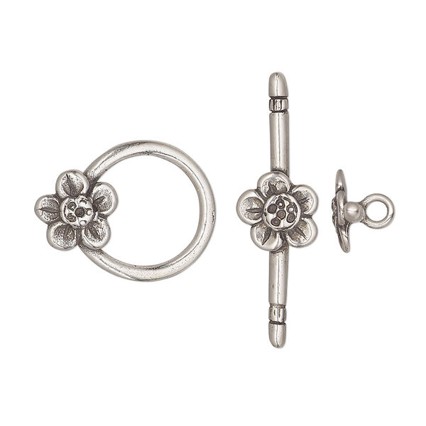 Clasp, JBB Findings, toggle, sterling silver, 19.5x15mm round with flower. Sold individually. image number 0
