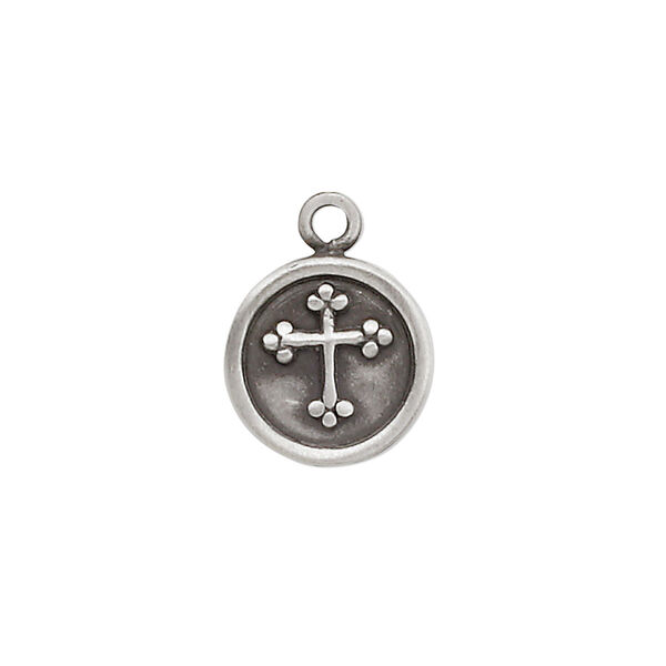 Drop, antique "pewter" (zinc-based alloy), 14mm flat round with cross. Sold per pkg of 2. image number 0