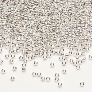 Seed bead, Miyuki, glass, pkg/4g, #11 rocaille, opaque silver-plated, (RR-961).