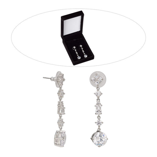 Earring, cubic zirconia / stainless steel / rhodium-finished brass, clear, 2 inches with post. Sold per pair. image number 0