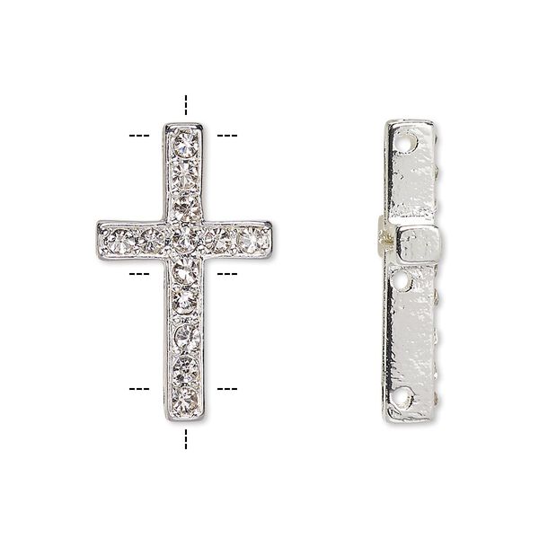 Spacer, Czech glass rhinestone and silver-finished "pewter" (zinc-based alloy), clear, 25x15mm single-sided 3-strand cross with 2mm faceted round, fits up to 10mm bead. Sold per pkg of 2. image number 0