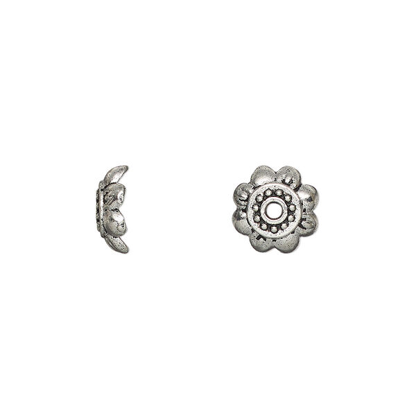 Bead cap, antique silver-plated "pewter" (zinc-based alloy), 9x3mm flower, fits 8-14mm bead. Sold per pkg of 50. image number 0