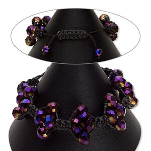 Bracelet, glass and nylon, purple AB and black, 10x7mm faceted rondelle, adjustable from 6-1/2 to 9 inches with macramé knot closure. Sold individually.