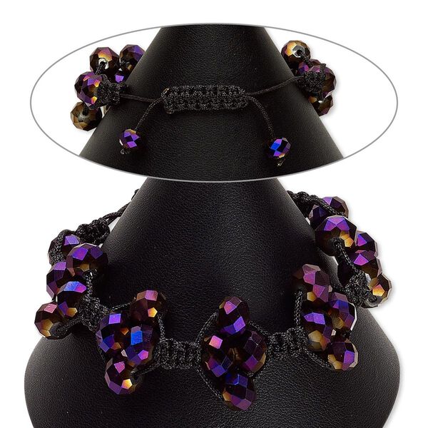Bracelet, glass and nylon, purple AB and black, 10x7mm faceted rondelle, adjustable from 6-1/2 to 9 inches with macramé knot closure. Sold individually. image number 0
