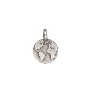 Drop, TierraCast®, antique silver-plated pewter (tin-based alloy), 12mm single-sided round with Earth. Sold per pkg of 20.