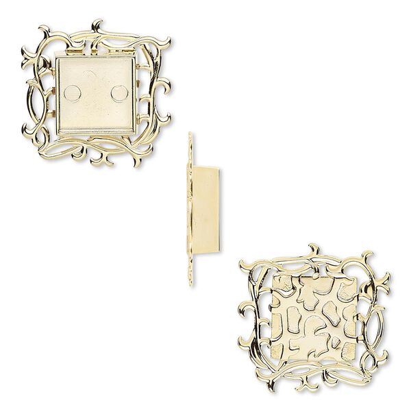 Component, gold-plated "pewter" (zinc-based alloy), 35x35mm square with vines and 17x17mm non-calibrated square setting. Sold individually. image number 0