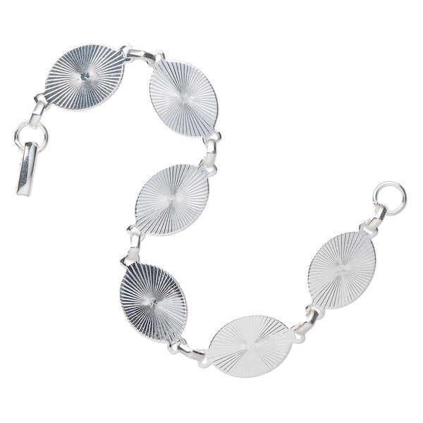 Bracelet component, silver-finished steel, 20x14.5mm oval links with sunburst pattern, 8 inches with fold-over clasp. Sold individually. image number 0