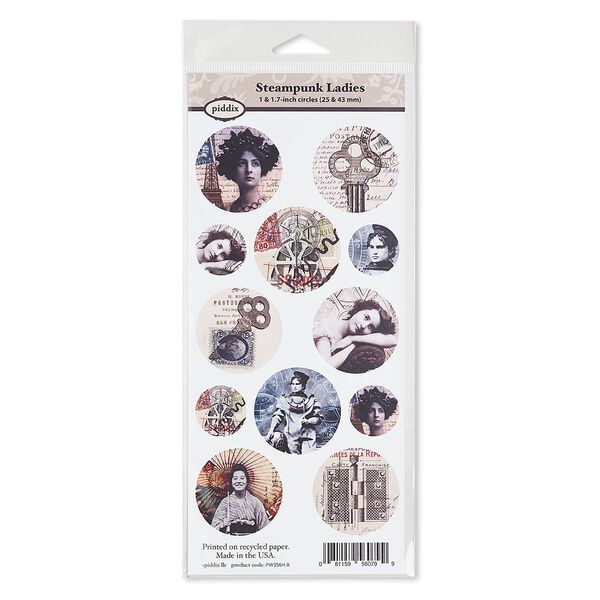 Crafting paper, piddix, matte multicolored, 9-1/2 x 4-1/2 inches with (4) 1-inch and (8) 1-11/16 inch single-sided circle with "Steampunk Ladies" patterns. Sold individually. image number 0