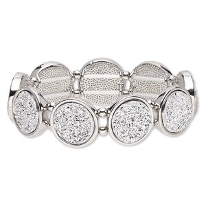 Bracelet, stretch, druzy (imitation) / silver-coated plastic / silver-plated "pewter" (zinc-based alloy), white, 19mm wide with 19mm flat round, 6-1/2 inches. Sold individually.