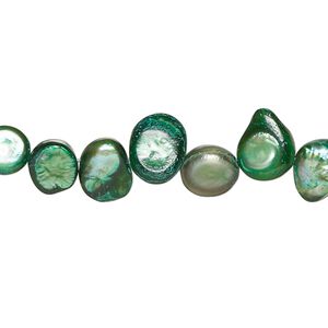 Pearl, cultured freshwater (dyed), avocado, 7x5mm-12x8mm baroque with 0.4mm hole, D grade, Mohs hardness 2-1/2 to 4. Sold per 15-inch strand.
