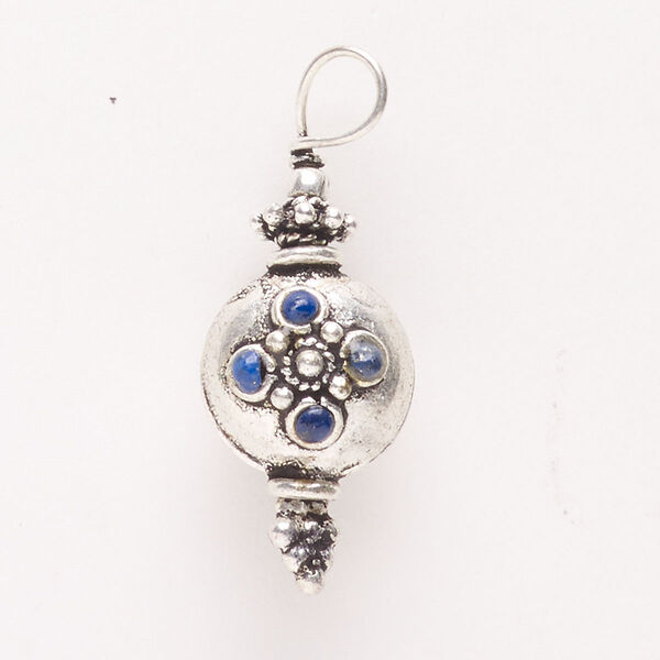 Drop, antique silver-finished "pewter" (zinc-based alloy) and lapis lazuli (natural), 28x14mm-29x14mm. Sold individually. image number 0
