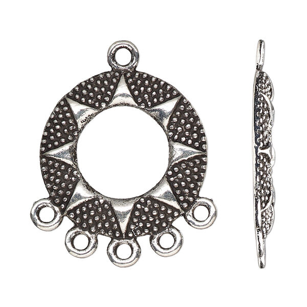 Drop, antique silver-finished "pewter" (zinc-based alloy), 24mm single-sided slightly domed open beaded round with sun design and 5 closed loops. Sold per pkg of 10. image number 0