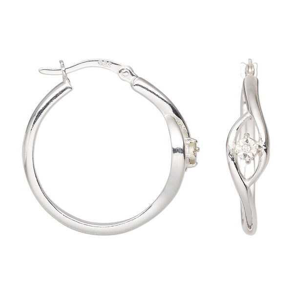 Earring, Create Compliments®, sterling silver and cubic zirconia, clear, 25mm round hoop with hinged closure. Sold per pair. image number 0