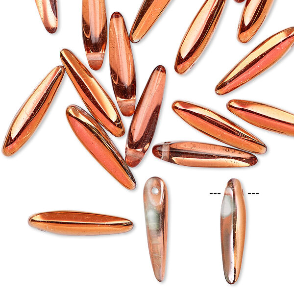 Bead, Preciosa Thorn™, Czech pressed glass, clear copper gold, 16x4mm top-drilled thorn. Sold per pkg of 20. image number 0