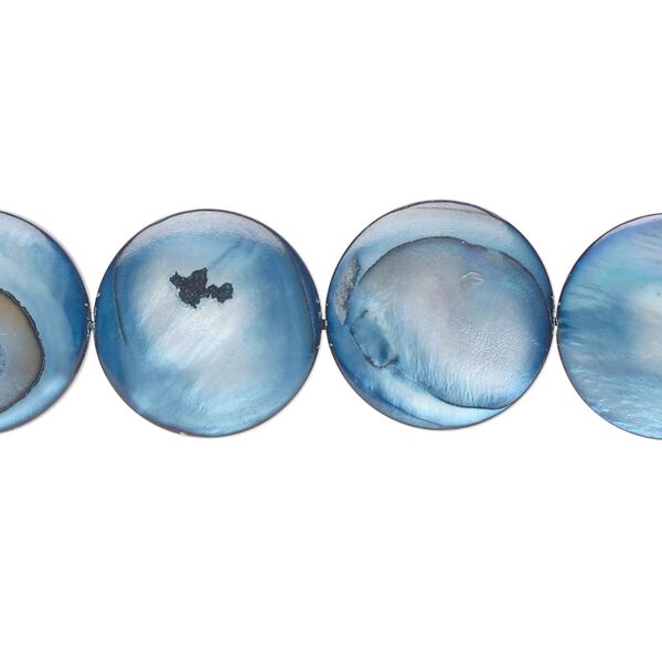 Bead, mother-of-pearl shell (dyed), light ocean blue, 15mm flat round with 0.8-1mm hole, Mohs hardness 3-1/2. Sold per 15-inch strand. image number 0