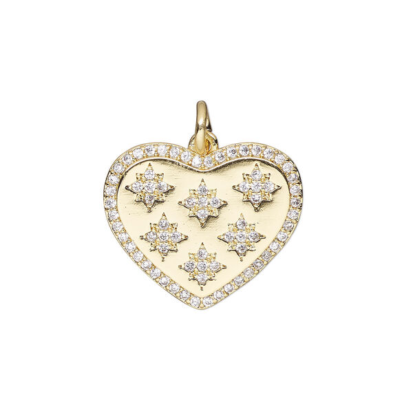 Charm, cubic zirconia and gold-finished brass, clear, 18x16mm single-sided heart with 5mm open jump ring. Sold individually. image number 0