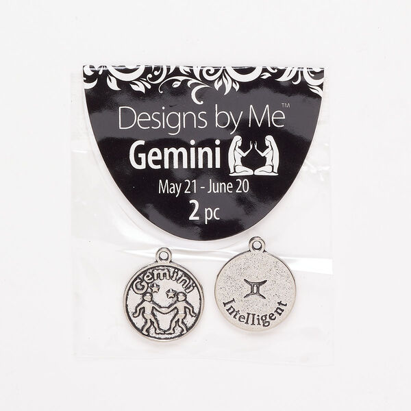 "Pewter" (zinc-based alloy) / enamel 1pkg2, 2-sided round charm / Gemini / "Intelligent" antique silver-finish / black 17mm image number 0