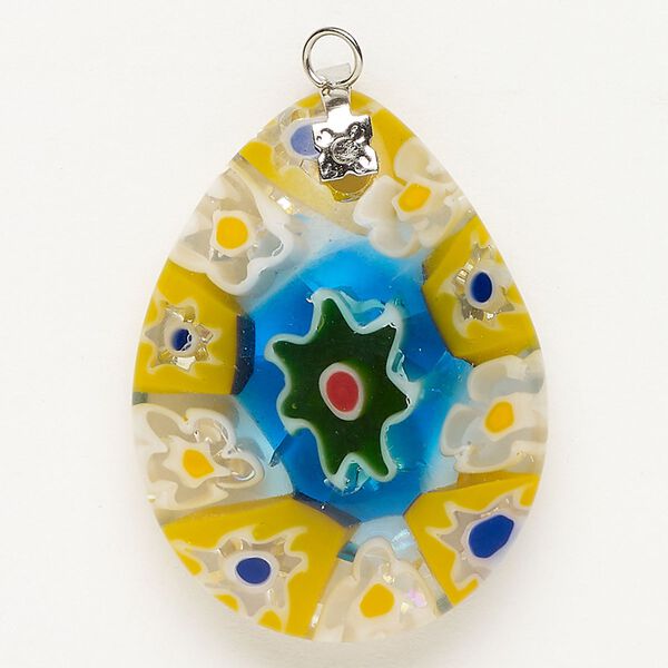Focal 1pkg1 silver-finished steel and millefiori glass, translucent and transparent aqua blue and multicolored, 35x25mm-36x28mm puffed teardrop. image number 0