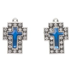 Drop, antique silver-finished "pewter" (zinc-based alloy) and glass, clear and sapphire blue, 23x17mm cross. Sold per pkg of 2.