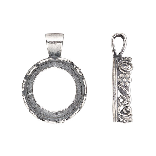 Pendant, JBB Findings, antique silver-plated brass, 25x18mm round with open back and flower and leaf design trim, 16mm round bezel setting. Sold per pkg of 2. image number 0