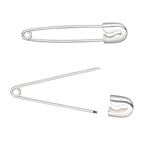 Safety pin, stainless steel and silver-plated brass, 2-3/8 inches. Sold per pkg of 10. image number 0